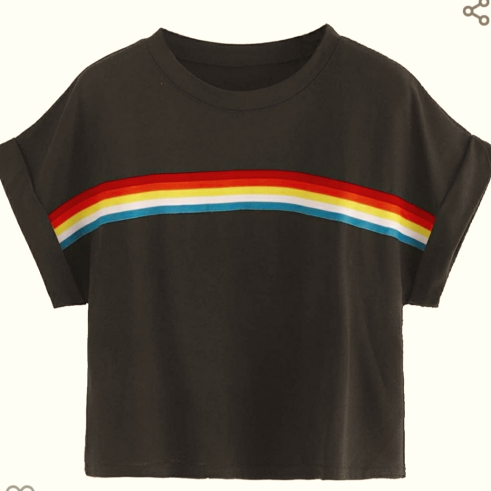 Rainbow Striped Crop Top w/Roll Up Sleeve